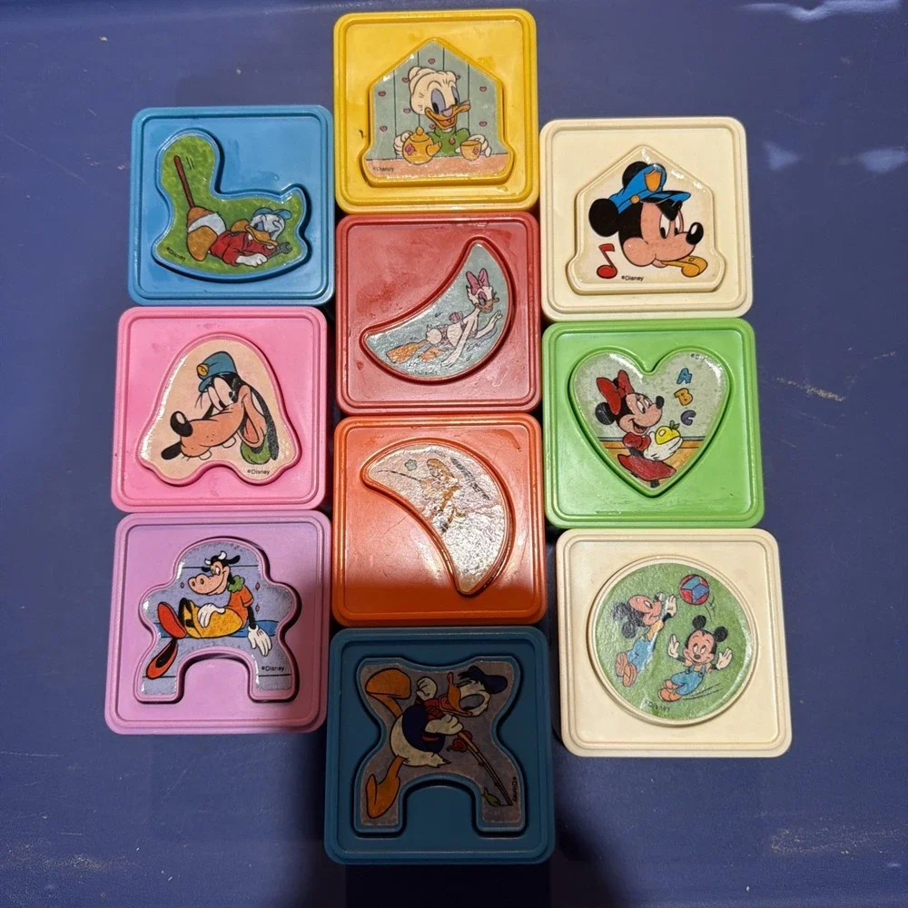 10 Vtg Playskool Walt Disney Mickey Mouse Match Up Matching Puzzle Cubes 1987‎
